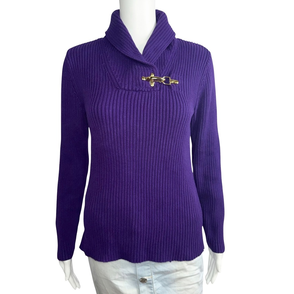 Ralph Lauren Sweater Women's Medium Purple Shawl Gold Collar Clasp Ribbed EUC - Picture 2 of 7